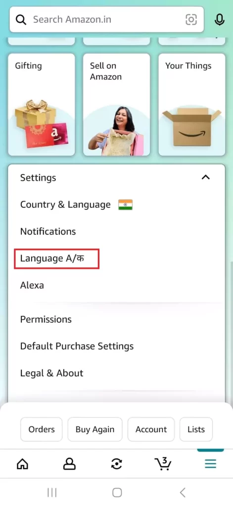 select language option in amazon setting